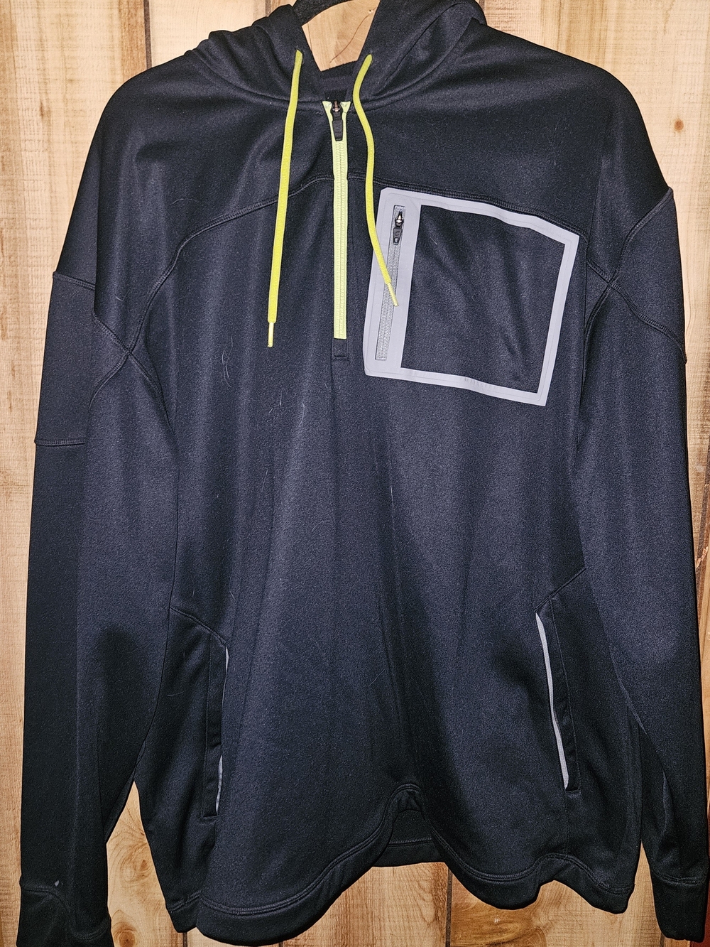 Cabela's Navy Blue Hoodie with Neon Yellow Drawstrings & Chest Pocket